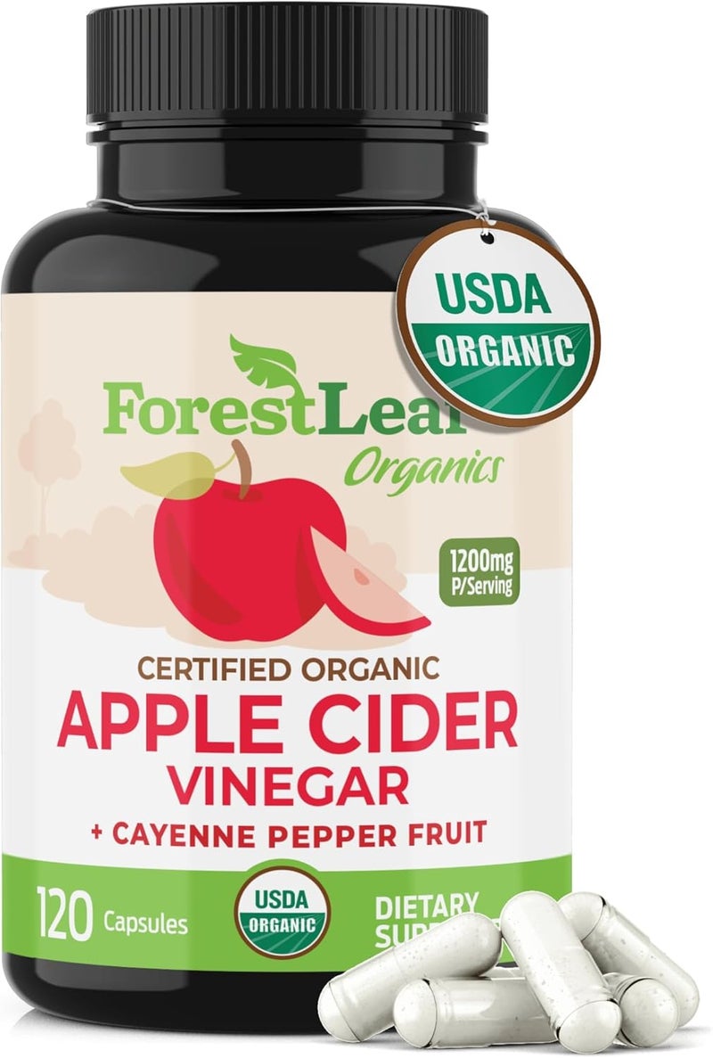 ForestLeaf Organic Apple Cider Vinegar Capsules 1200mg  Supports Metabolism Detox Digestion Gut Health  USDA Organic Apple Cider Vinegar Pills with Cayenne Pepper  Ginger Root  120 Caps  by Forest Leaf - Image 1