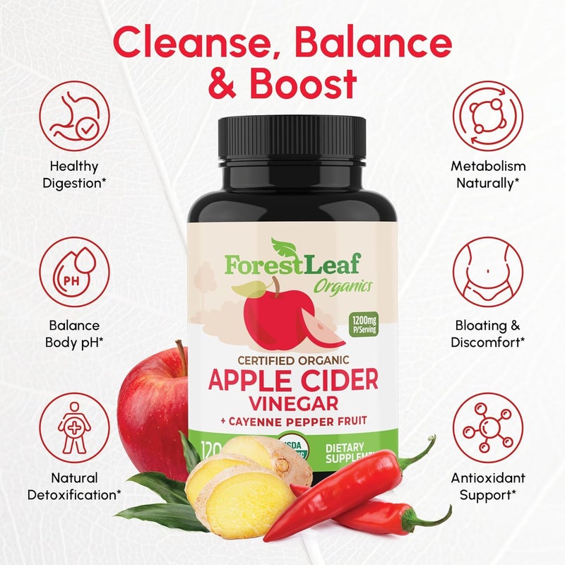 ForestLeaf Organic Apple Cider Vinegar Capsules 1200mg  Supports Metabolism Detox Digestion Gut Health  USDA Organic Apple Cider Vinegar Pills with Cayenne Pepper  Ginger Root  120 Caps  by Forest Leaf - Image 2