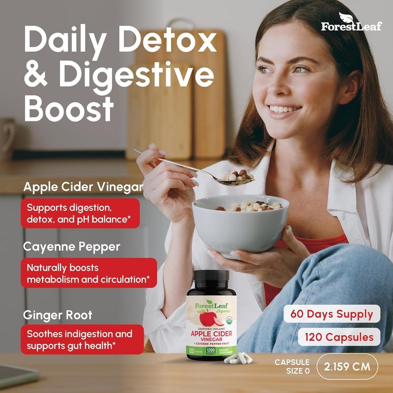 ForestLeaf Organic Apple Cider Vinegar Capsules 1200mg  Supports Metabolism Detox Digestion Gut Health  USDA Organic Apple Cider Vinegar Pills with Cayenne Pepper  Ginger Root  120 Caps  by Forest Leaf - Image 4