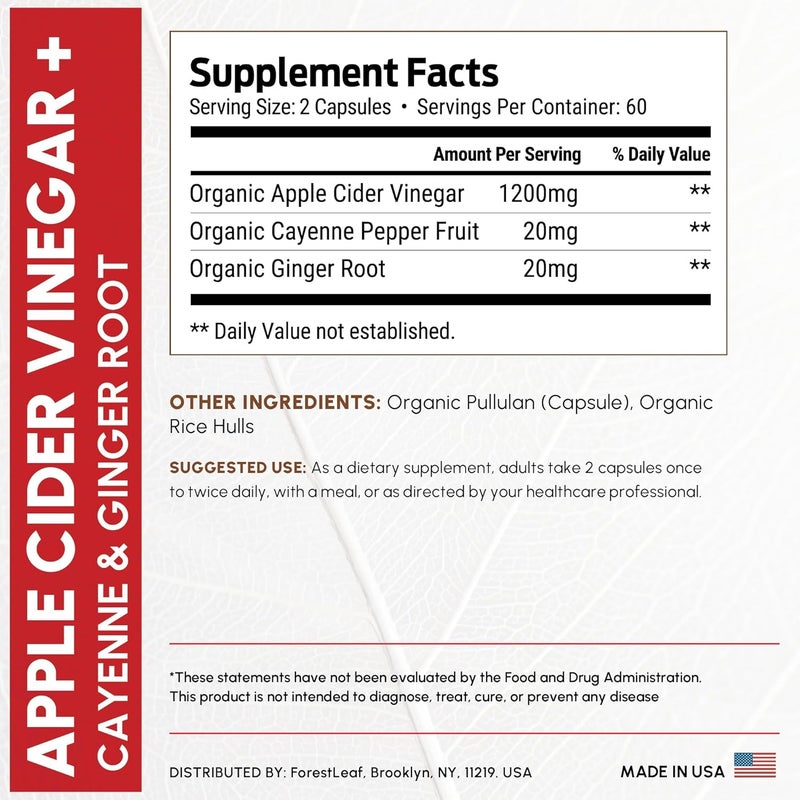 ForestLeaf Organic Apple Cider Vinegar Capsules 1200mg  Supports Metabolism Detox Digestion Gut Health  USDA Organic Apple Cider Vinegar Pills with Cayenne Pepper  Ginger Root  120 Caps  by Forest Leaf - Image 3
