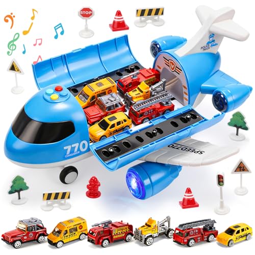 CUTE STONE Toy Airplane with Lights Sounds Friction Powered Plane Toy with Mini Cars for Kids Great Gift for Boys and Girls - Image 1