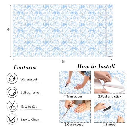 FYSUIMU Blue Bow Floral Peel and Stick Wallpaper Roll 17 in x 18 Ft Coquette Blue Bowknot Flower SelfAdhesive Contact Paper Wall Decoration for Home Bedroom Bathroom Laundry Room - Image 3