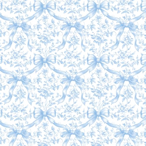 FYSUIMU Blue Bow Floral Peel and Stick Wallpaper Roll 17 in x 18 Ft Coquette Blue Bowknot Flower SelfAdhesive Contact Paper Wall Decoration for Home Bedroom Bathroom Laundry Room - Image 1