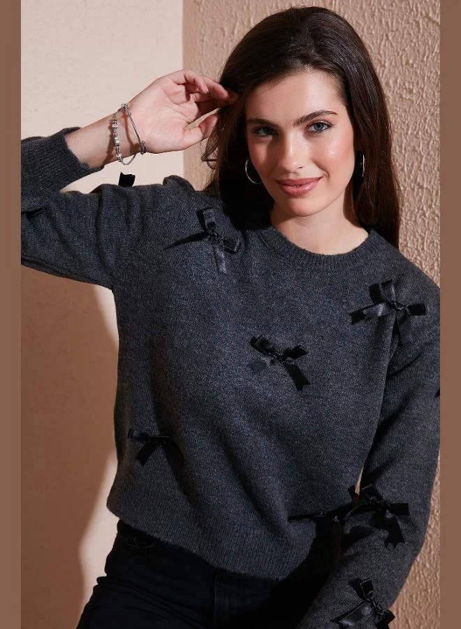 Lela Lela Premium Regular Fit Crew Neck Bow Detailed Knitwear Sweater Women's SWEATER 680KZ00155