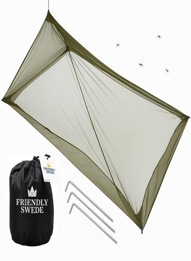 The Friendly Swede Outdoor Mosquito Net - Mosquito Netting for Camping & Bed; Army Green Bug Net with Stuff Sack, 4 Ground Stakes & Adjustable Cord; Single Bug Tent - Image 1