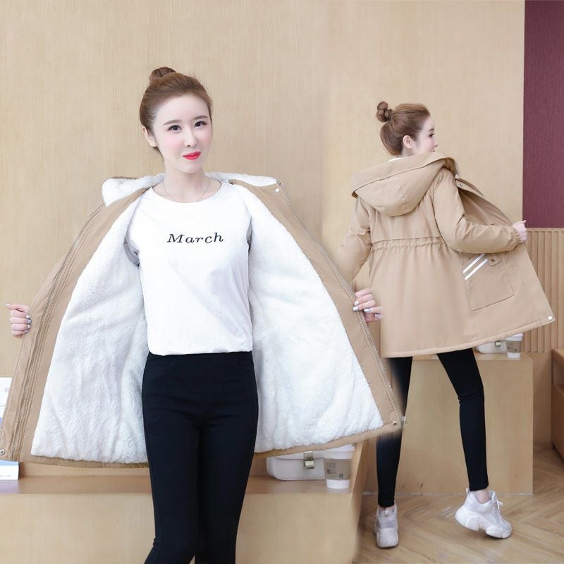 2023 Womens Padded Trench Coat Slim Fit Hooded khaki fleece-lined cotton]