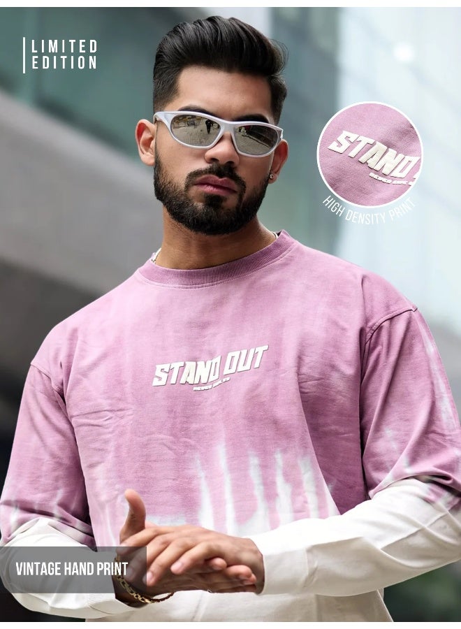 Maniac Mens Stand Out Ombre Wash Round Neck 3/4th Sleeve Pink Cotton T-Shirt - Image 1