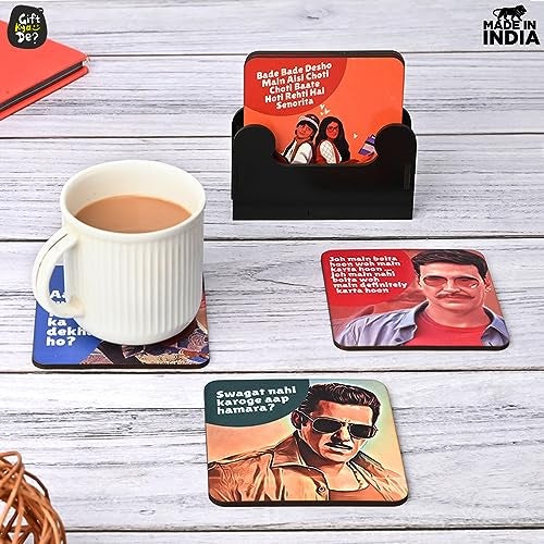 Gift Kya De giftkyade Coaster Set Of 6 Multi Colour Wooden Coasters With Proper Coaster Stand Designer Coaster Set Fit For Tea Cups, Coffee Mugs And Glasses (Square Ecofriendly Bollywood) - Image 3