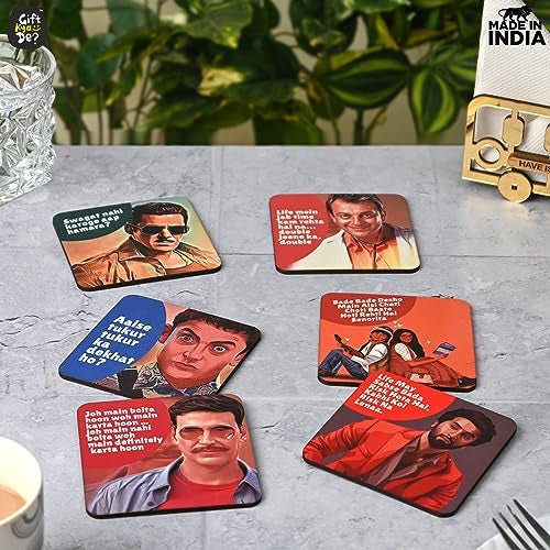 Gift Kya De giftkyade Coaster Set Of 6 Multi Colour Wooden Coasters With Proper Coaster Stand Designer Coaster Set Fit For Tea Cups, Coffee Mugs And Glasses (Square Ecofriendly Bollywood) - Image 5