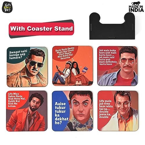 Gift Kya De giftkyade Coaster Set Of 6 Multi Colour Wooden Coasters With Proper Coaster Stand Designer Coaster Set Fit For Tea Cups, Coffee Mugs And Glasses (Square Ecofriendly Bollywood) - Image 2