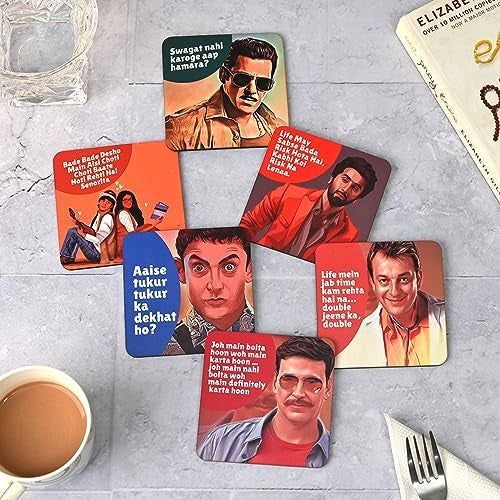 Gift Kya De giftkyade Coaster Set Of 6 Multi Colour Wooden Coasters With Proper Coaster Stand Designer Coaster Set Fit For Tea Cups, Coffee Mugs And Glasses (Square Ecofriendly Bollywood) - Image 1