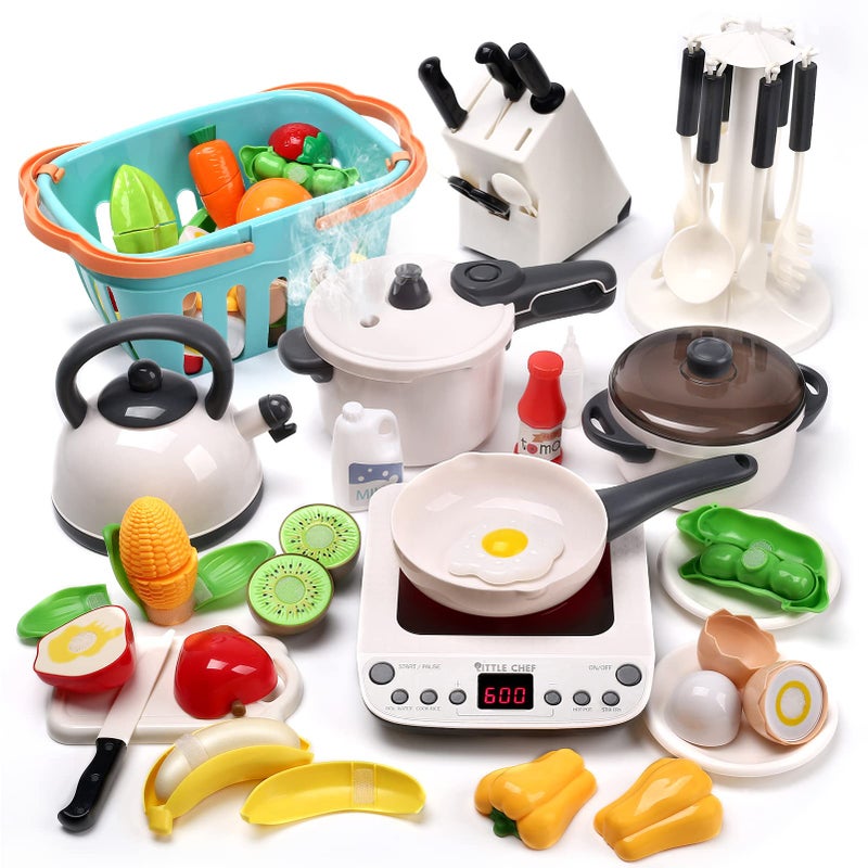CUTE STONE Pretend Play Kitchen Toy with Cookware Steam Pressure Pot and Electronic Induction Cooktop, Cooking Utensils, Toy Cutlery, Cut Play Food, Shopping Basket Learning Toy for Girls Boys - Image 1