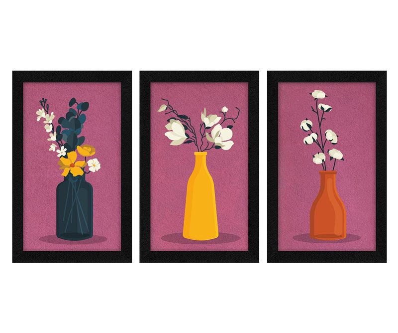 ArtX Paper Floral Vase Wall Art Painting, Framed Paintings, 13 X 25.5 inches(Combined), 8.5 X 13 each, Multicolor, Set of 3 (AXC00165-FLR) - Image 1