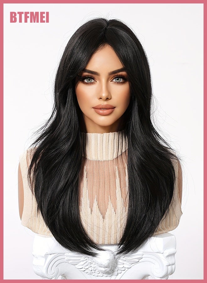 BTFMEI Long Straight Black Wig for Women 60cm, Synthetic Heat Resistant Hairpiece with Net Cap, Natural Middle Part, Daily Wear Wig for Party, Cosplay, Wedding & Fashion Styling - Image 5