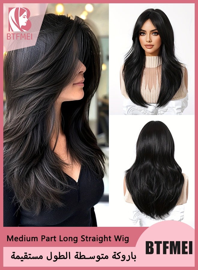 BTFMEI Long Straight Black Wig for Women 60cm, Synthetic Heat Resistant Hairpiece with Net Cap, Natural Middle Part, Daily Wear Wig for Party, Cosplay, Wedding & Fashion Styling - Image 1