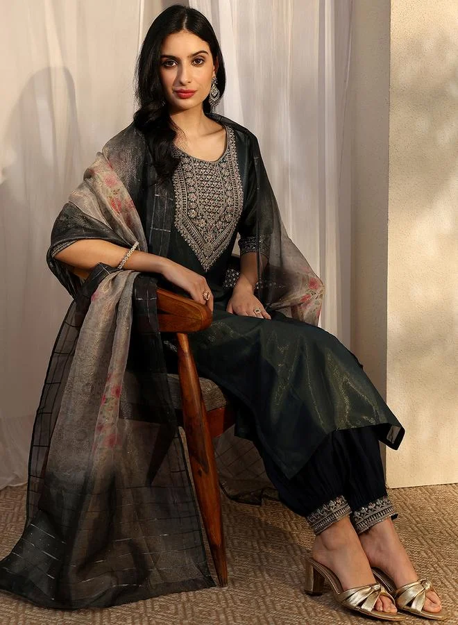 Libas Dark Blue Printed Silk Blend Straight Kurta, Salwar and Dupatta Set