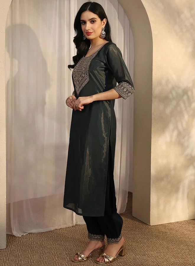 Libas Dark Blue Printed Silk Blend Straight Kurta, Salwar and Dupatta Set