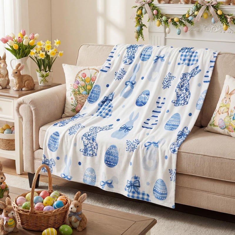 Fanfanwin Easter Chinoiserie Throw Blanket Coquette Bunny Egg Flannel Blanket Blue and White Bunny Decor Soft Cozy Gifts for Couch Bed Chair Spring Farmhouse Home Office Decor, 50"x60" - Image 5