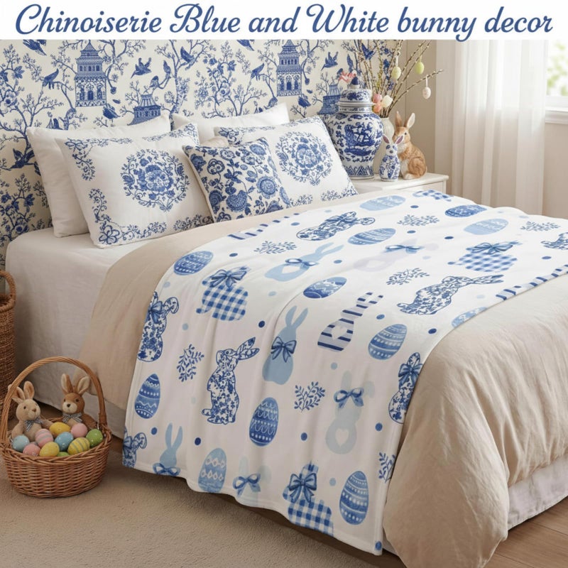 Fanfanwin Easter Chinoiserie Throw Blanket Coquette Bunny Egg Flannel Blanket Blue and White Bunny Decor Soft Cozy Gifts for Couch Bed Chair Spring Farmhouse Home Office Decor, 50"x60" - Image 4