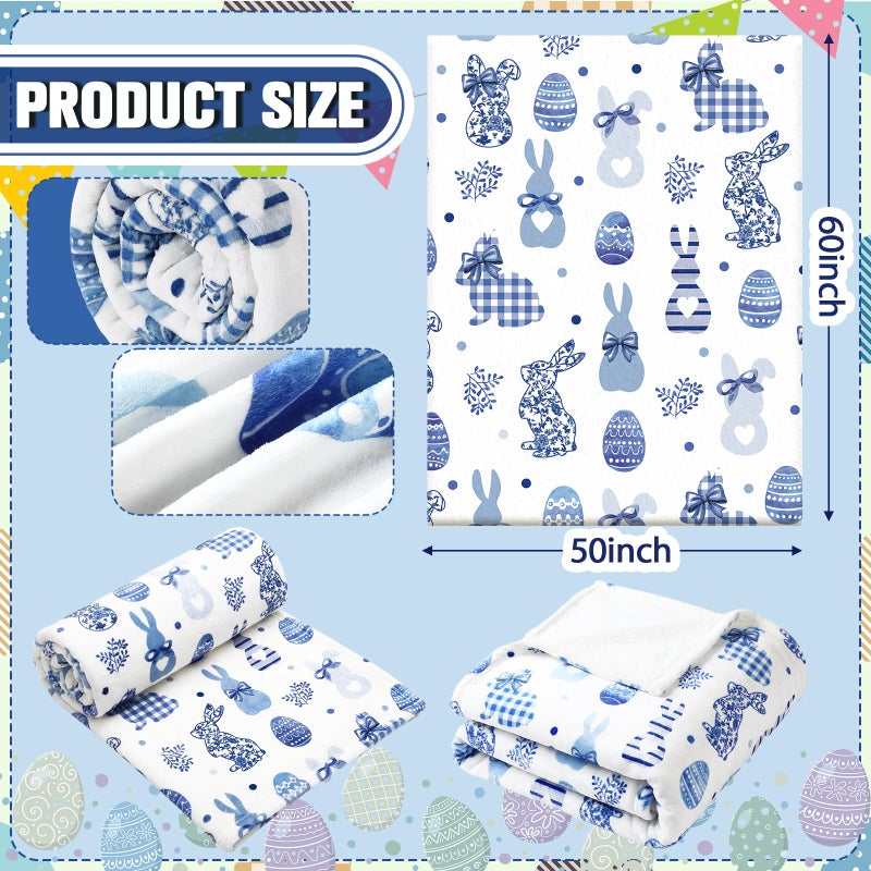Fanfanwin Easter Chinoiserie Throw Blanket Coquette Bunny Egg Flannel Blanket Blue and White Bunny Decor Soft Cozy Gifts for Couch Bed Chair Spring Farmhouse Home Office Decor, 50"x60" - Image 2