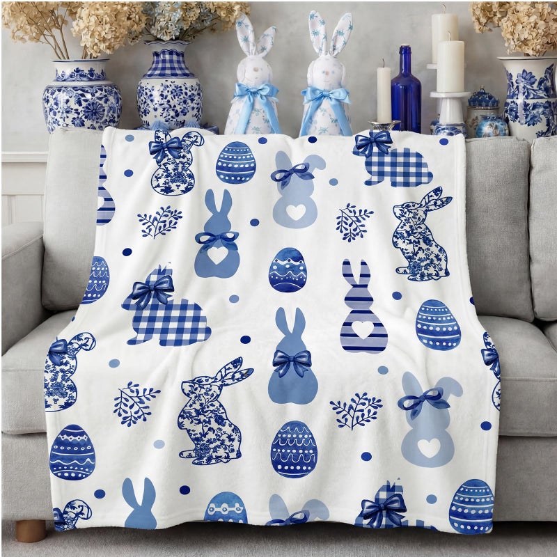 Fanfanwin Easter Chinoiserie Throw Blanket Coquette Bunny Egg Flannel Blanket Blue and White Bunny Decor Soft Cozy Gifts for Couch Bed Chair Spring Farmhouse Home Office Decor, 50"x60" - Image 1