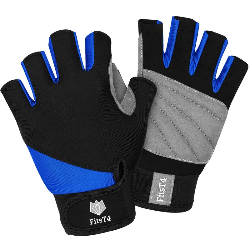 FitsT4 Sports قفازات FitsT4 الرياضية نصف الأصابع مع راحة مبطنة للغوص، الإبحار، ركوب الجت سكي، التزلج على الألواح، التجديف والتزلج على الماء، مناسبة للرجال والنساء والشباب، زرقاء، XL - Image 2