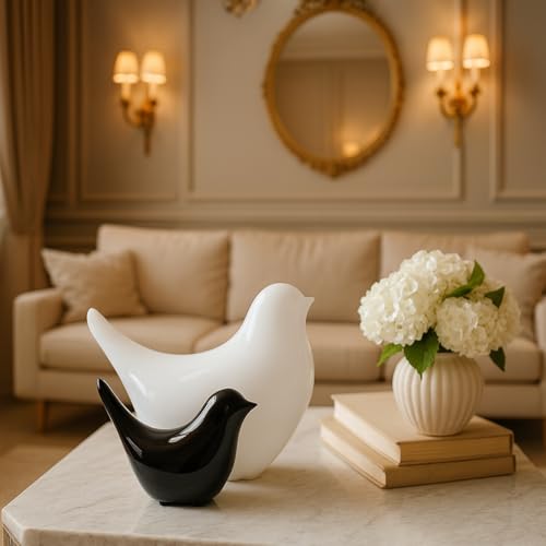 SRJANA Creative Black and White Glossy Ceramic Birds Figurines Home Decorations Accessories Party (Pack of 2, White and Black) - Image 1