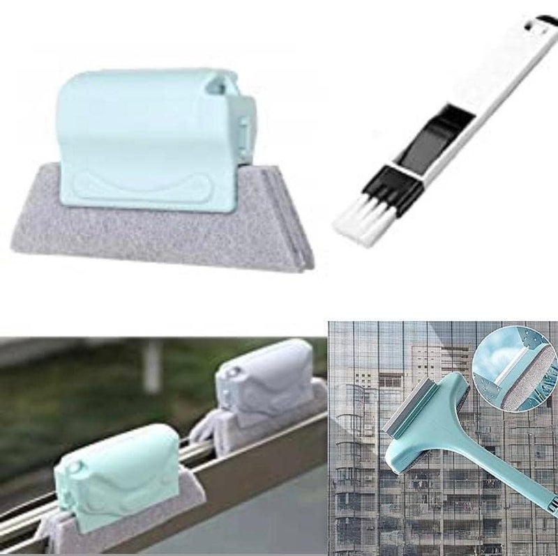 BRIGHTZONE Combo of Window Groove Frame Cleaning Brush and Dust Cleaning Brush & Mesh Screen, Window Screen Cleaning Wiper Long Handle Washing Equipment,Window Glass Tool Sponge Wet and Dry Brush - Image 1