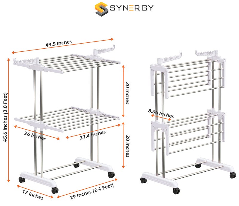 Synergy - Premium Heavy Duty Stainless Steel Clothes Drying Stand | Cloth Dryer Stand | Cloth Stand for Drying Clothes Foldable | Cloth Hanging Stand | Cloth Drying Stand (2-Tier) White - SY-CS21-L2 - Image 5