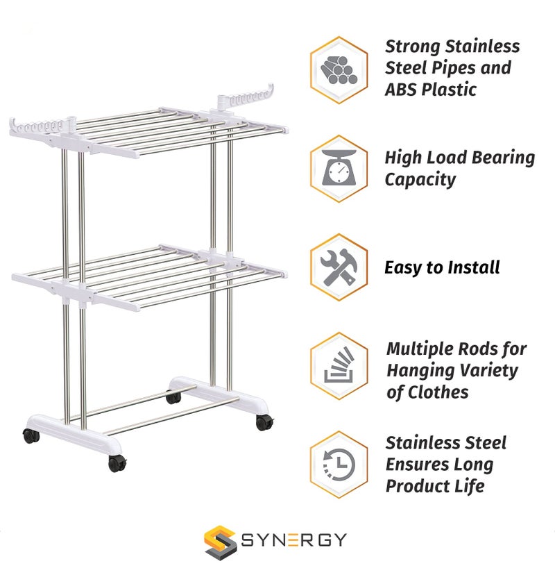 Synergy - Premium Heavy Duty Stainless Steel Clothes Drying Stand | Cloth Dryer Stand | Cloth Stand for Drying Clothes Foldable | Cloth Hanging Stand | Cloth Drying Stand (2-Tier) White - SY-CS21-L2 - Image 2