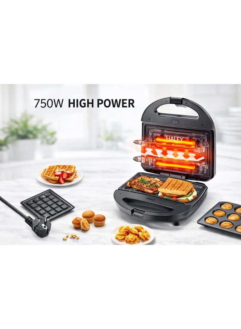 HALEY Sandwich Maker,8-in-1 Multi Snack Maker,Detachable Sandwich, Grill, Waffle Making Plates with Bakelite Coating, 1-Year Warranty (8 In 1) - Image 3