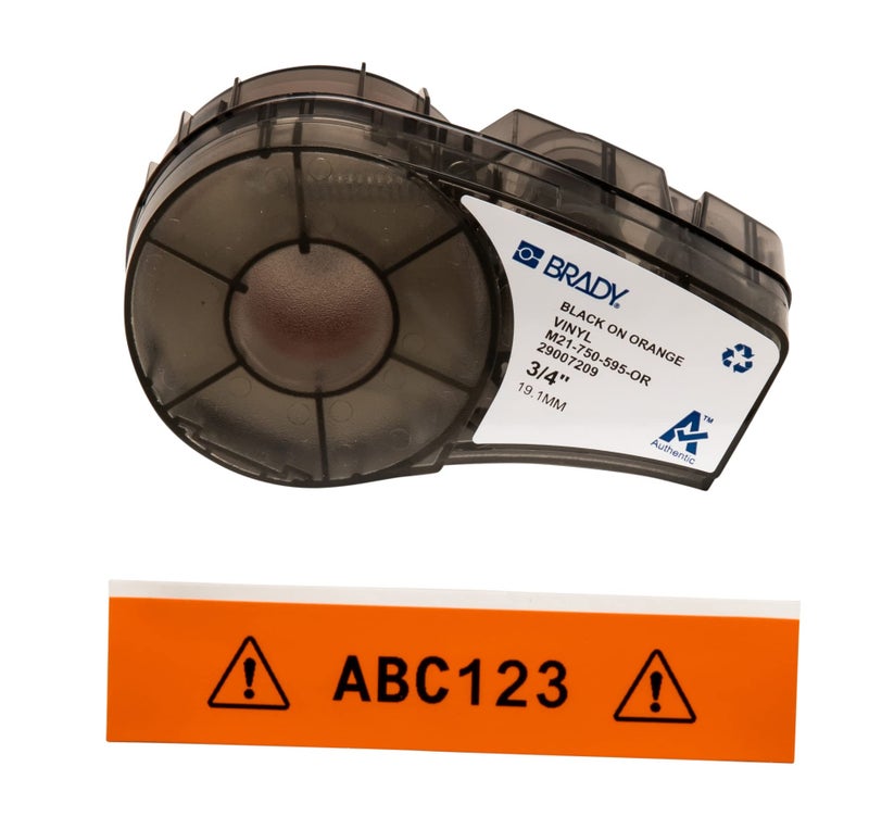 Brady Authentic (M21-750-595-OR) All-Weather Vinyl Label for Indoor/Outdoor ID, Lab and Equipment Labeling, Black on Orange- For M210, M210-LAB, M211, BMP21-PLUS and BMP21-LAB Printers, .75" W, 21' L - Image 1