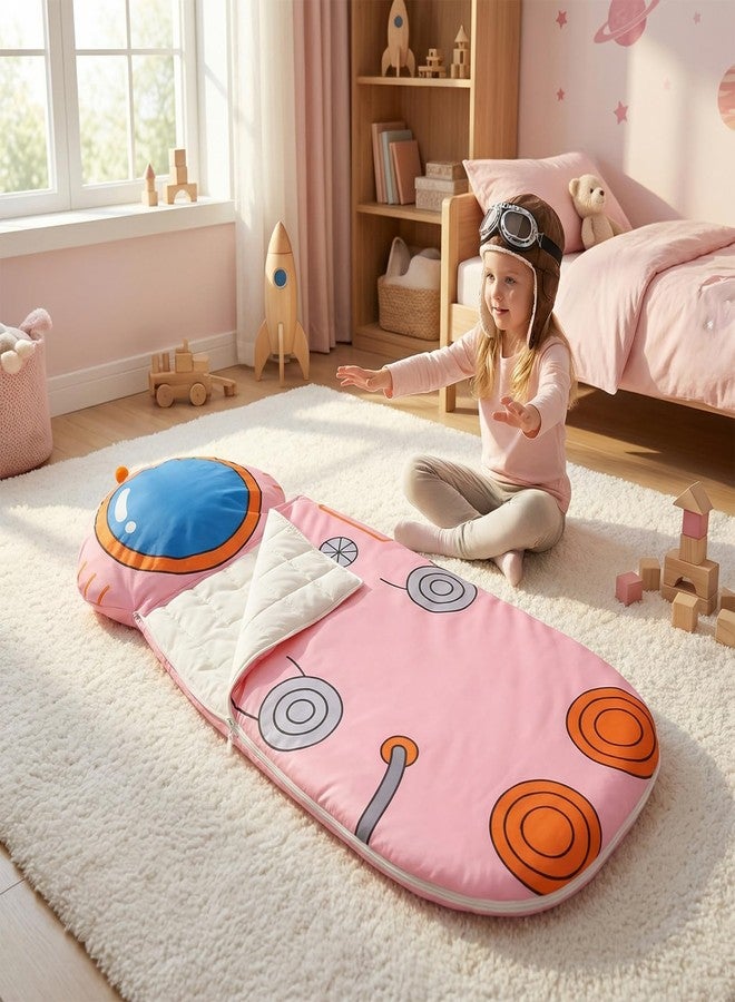 LUFEEMGA 3in1 Kids Sleeping Bag, Toddler Nap Mat with Pillow & Backpack Strap, Foldable Astronaut Sleep Pod for Preschool Daycare Camping Travel, Pink Sleep Sack for Girls Boys - Image 4