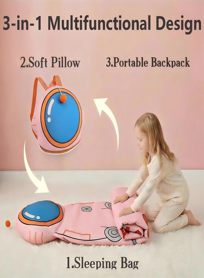LUFEEMGA 3in1 Kids Sleeping Bag, Toddler Nap Mat with Pillow & Backpack Strap, Foldable Astronaut Sleep Pod for Preschool Daycare Camping Travel, Pink Sleep Sack for Girls Boys - Image 3