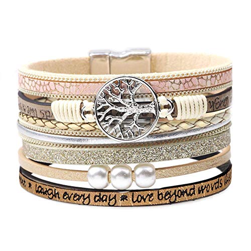 Desimtion Inspirational Gifts, Tree of Life Leather Bracelets for Women, Trendy Stuff for Teen Girls, Mothers Day Birthday Gifts for Women Girls Mom - Bohemian Jewelry Beige - Image 1
