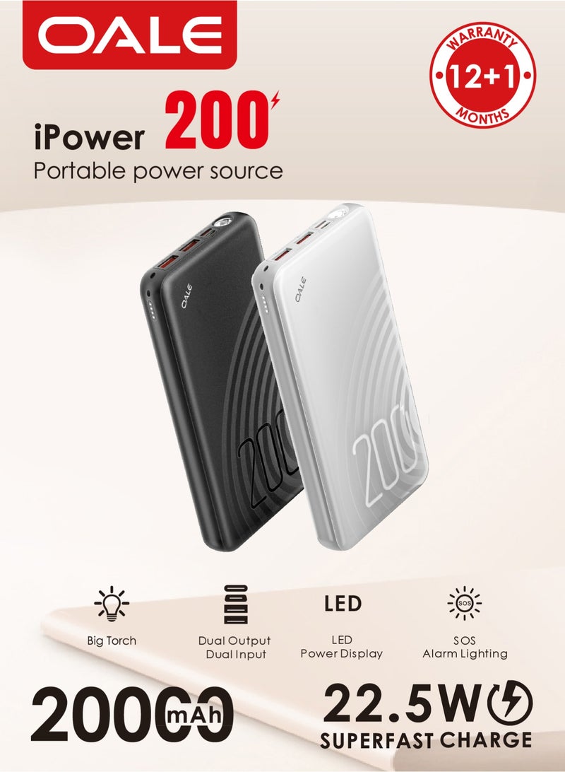 OALE 20000mAh Power Bank, 22.5W Fast Charging, Dual USB Ports, LED Display, SOS Light, Compact Travel Companion - Image 3