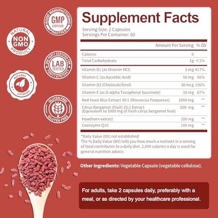 Totaria Red Yeast Rice 2,000mg with CoQ10 Supplement - Citrinin Free Extract Red Yeast Rice Capsules with CoQ10 100 Plus Citrus Bergamot - Vegan Non-GMO - Image 5