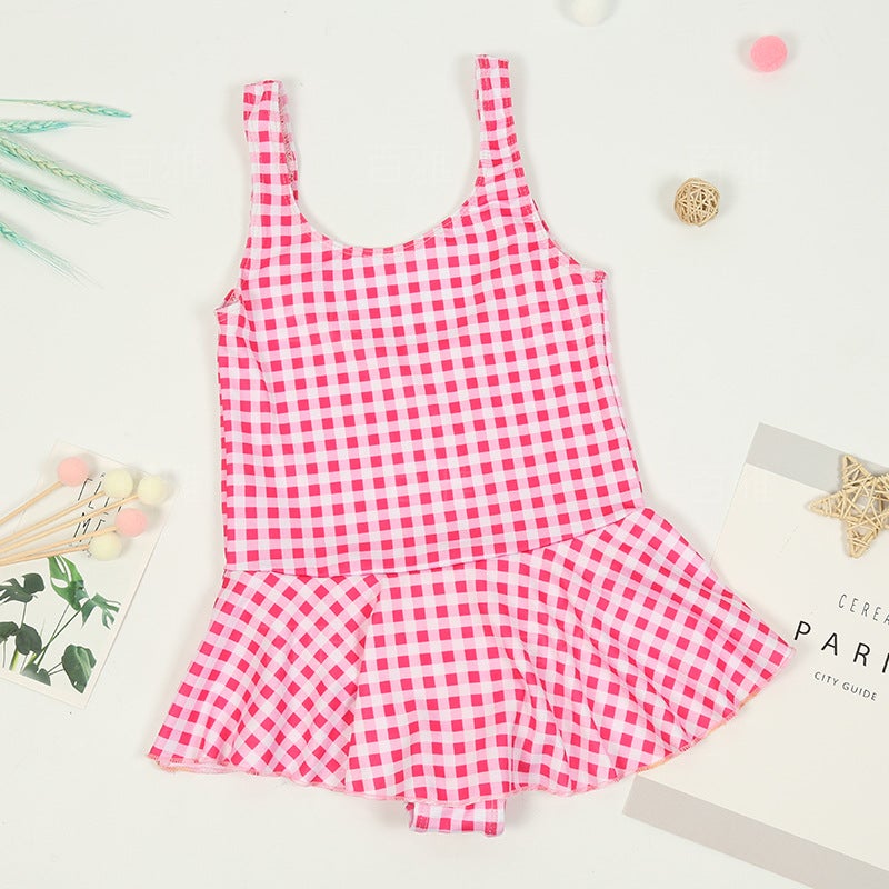 Girls Cute Sweet One-Piece Swimsuit Pink Plaid No. 5