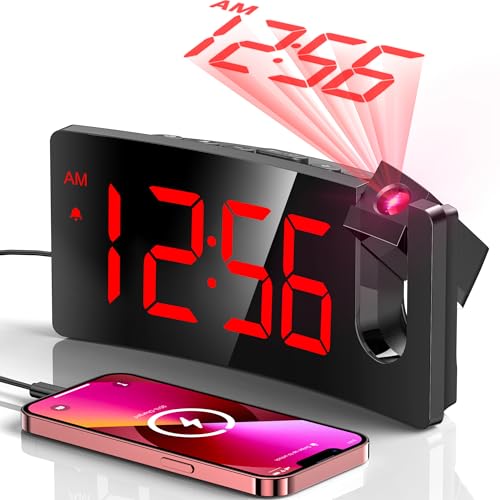 GOLOZA Projection Alarm Clock, Digital Clock with Modern Curved Design 180° Rotatable Projector, 3-Level Brightness Dimmer, Clear Red LED Display, Progressive Volume, 9mins Snooze,12/24H, for Bedroom - Image 1