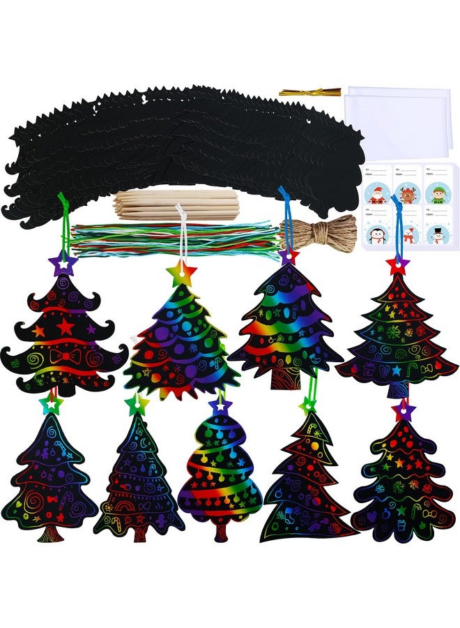 Winlyn 54 Sets 9 Styles Magic Color Scratch Black Christmas Tree Ornaments Christmas Tree Rainbow Scratch Art Decorations Christmas Craft Kit For Kids Classroom Activities Holiday Season Party Favors - Image 1