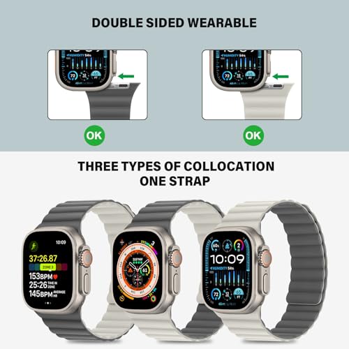 Bisikor Compatible with Apple Watch Band 49 46 45 44 42 41 40 38mm, Double Sided Wearable Silicone Magnetic Strap for iWatch Ultra SE Series 11 10 9 8 7 6 5 4 3 2 1 (42/44/45/46/49, Beige/Gray) - Image 3