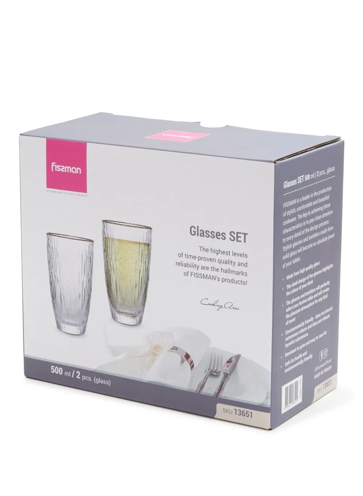 Fissman Clear 2-Piece Drinking Glass  500mL Elegant Transparent Glasses with Gold Rims – Exquisite Embossed Design, Perfect for Hot and Cold Beverages – Durable, Stylish, and Ideal for Any Occasion  | Best Price UAE