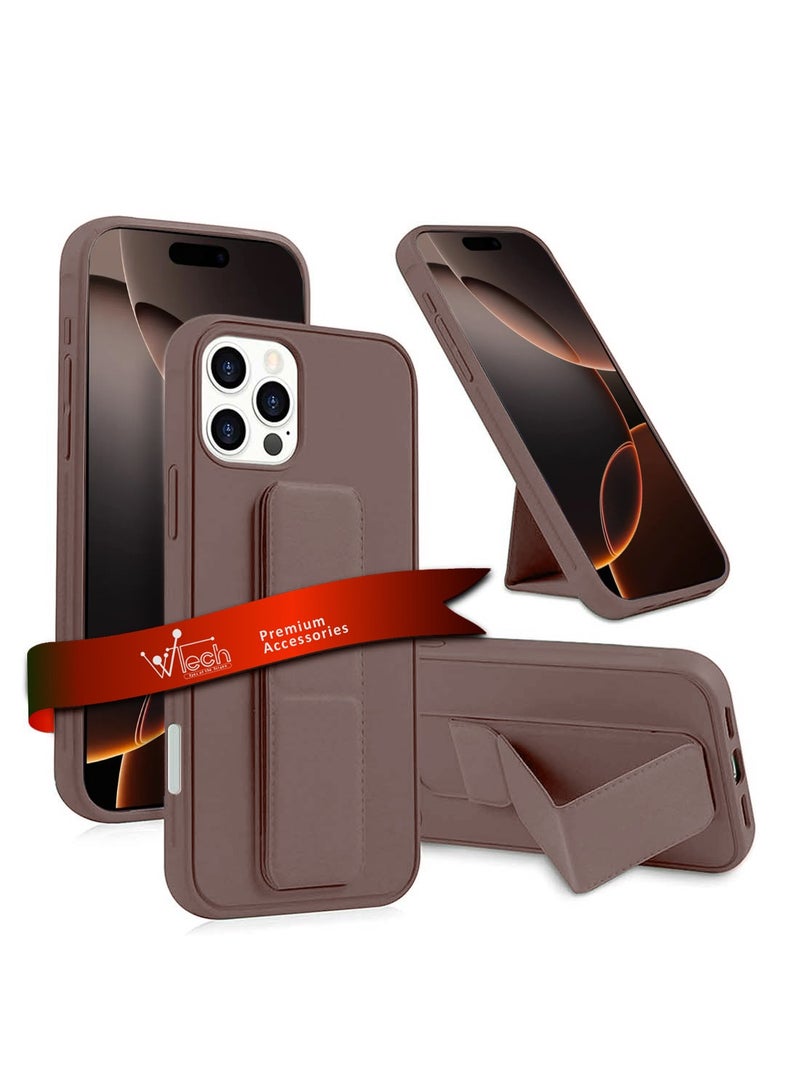Wtech Apple iPhone 16 Pro Max 2024 Hand Grip Foldable Magnetic Kickstand Wrist Strap Finger Grip with Built-in Iron Case Cover - Brown Mudd - Image 1