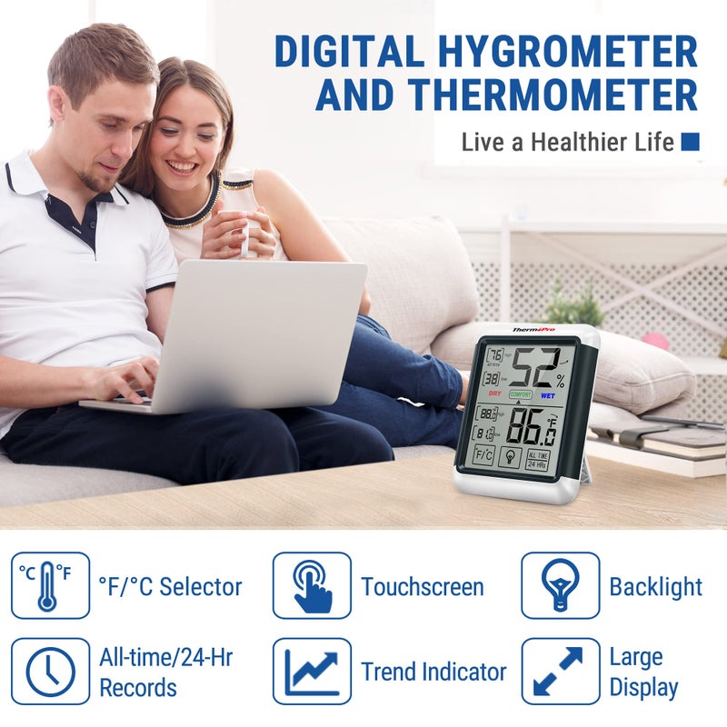 ThermoPro ترمو برو TP55 مقياس رطوبة وحرارة رقمي داخلي، شاشة لمس ومضيئة 4 إنش، مقياس حرارة / رطوبة داخلي للمنزل والدفيئة - Image 2