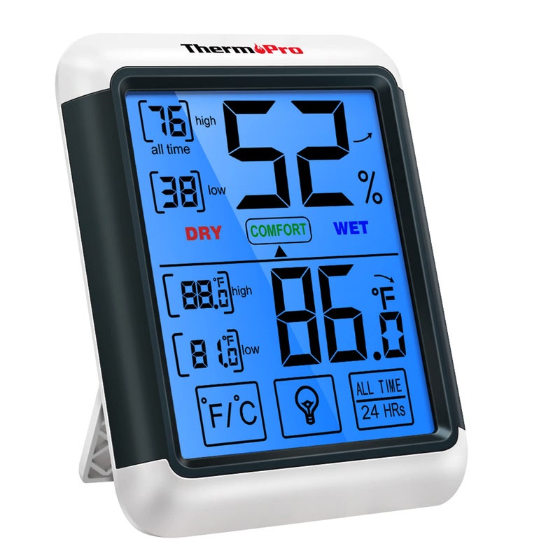 ThermoPro ترمو برو TP55 مقياس رطوبة وحرارة رقمي داخلي، شاشة لمس ومضيئة 4 إنش، مقياس حرارة / رطوبة داخلي للمنزل والدفيئة - Image 1