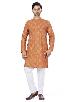 Studio Shringaar Studio Shringaar Men's Cotton Blend Relaxed Fit Ikat Printed Knee Length Kurta(M119, Orange_2XL)  - Image 5
