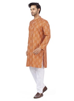Studio Shringaar Studio Shringaar Men's Cotton Blend Relaxed Fit Ikat Printed Knee Length Kurta(M119, Orange_2XL)  - Image 2