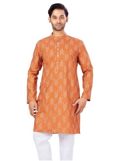 Studio Shringaar Studio Shringaar Men's Cotton Blend Relaxed Fit Ikat Printed Knee Length Kurta(M119, Orange_2XL)  - Image 1