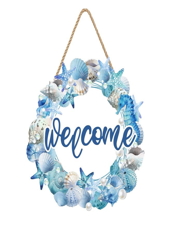 Harooni Summer Beach Wreath for Front Door Hello Summer Door Hanger Nautical Sea Welcome Sign Ocean Starfish Theme Decorations Wooden Plaque for Indoor Wall Hanging Outdoor Outside Porch 10.9"x10.9" - Image 1