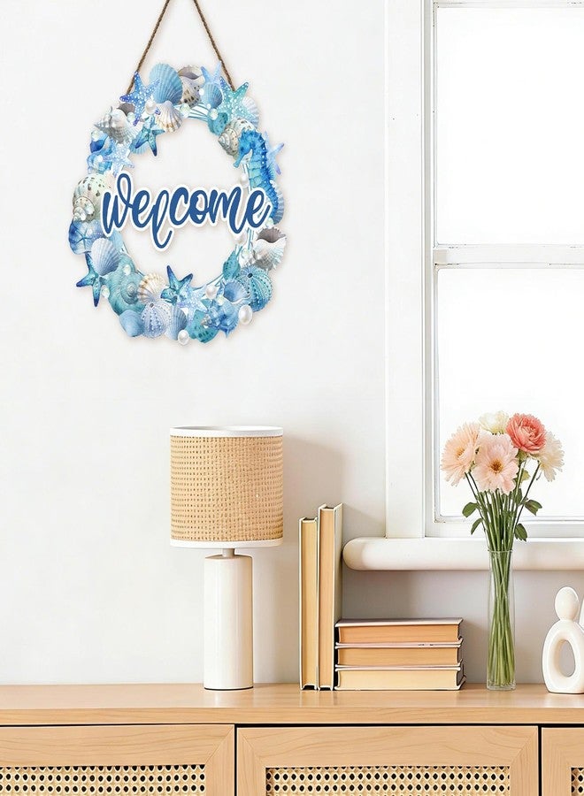 Harooni Summer Beach Wreath for Front Door Hello Summer Door Hanger Nautical Sea Welcome Sign Ocean Starfish Theme Decorations Wooden Plaque for Indoor Wall Hanging Outdoor Outside Porch 10.9"x10.9" - Image 5
